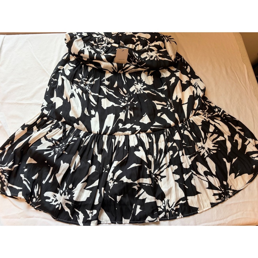 New Nine West Black White Floral Maxi Satin Skirt Tiered Elastic Waist XS - Picture 8 of 9